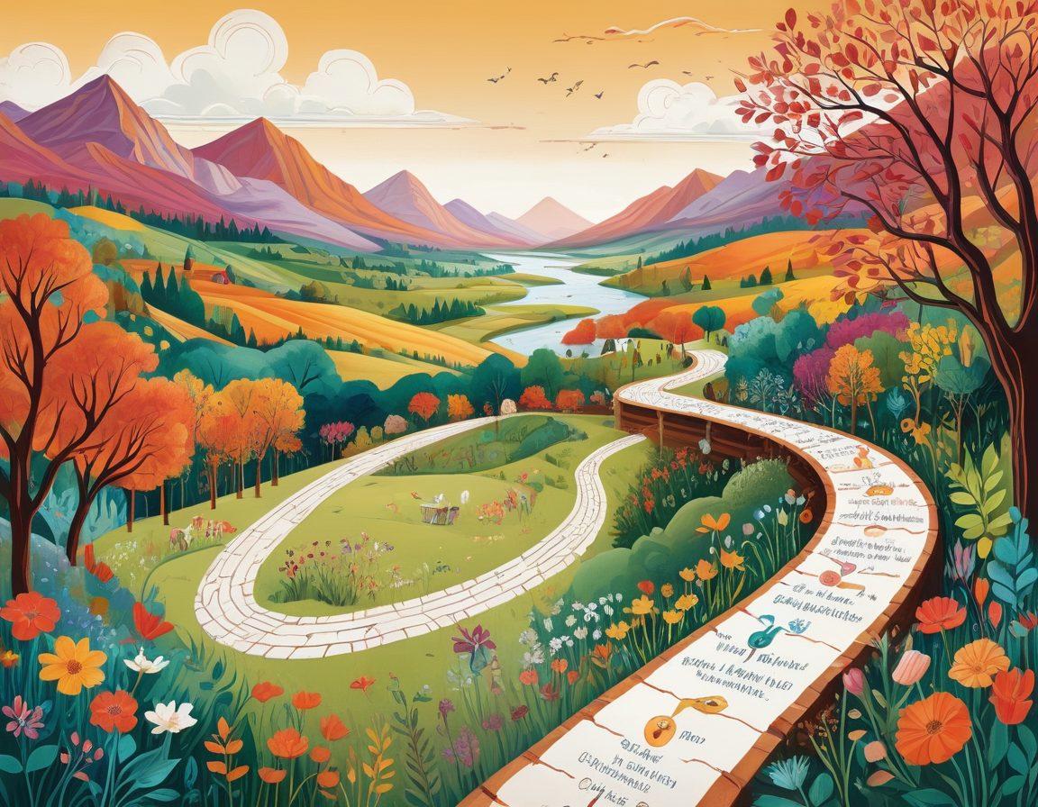 A beautifully illustrated event timeline weaving through a vibrant landscape, showcasing key life moments as interactive points, with images like graduations, weddings, and travels depicted in a playful way. The background features a winding path that symbolizes the journey of life, surrounded by whimsical icons representing memories and experiences. An artistic touch of handwritten notes and markers highlights emotions tied to each moment. rich colors. intricate details. vector art.