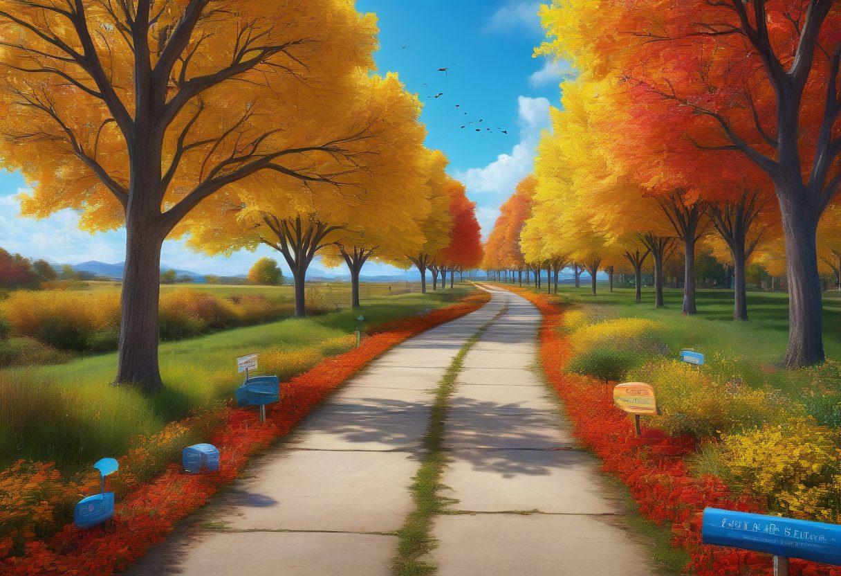 A beautifully designed personal timeline featuring various milestones, such as childhood memories, travel adventures, and career achievements, represented by distinct icons and images. The timeline flows like a winding path through a vibrant landscape of colorful trees and bright skies, symbolizing growth and discovery. Include elements like a journal, compass, and photographs scattered along the path. super-realistic. vibrant colors. 3D.